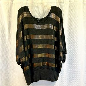 Heather bronze colored pullover shirt with gold sequin stripes